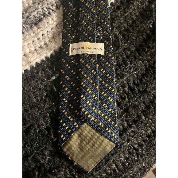 Designer PIERRE BALMAIN Silk Tie - Blue & Yellow Print - Hand Made Italy Necktie - Picture 3 of 4